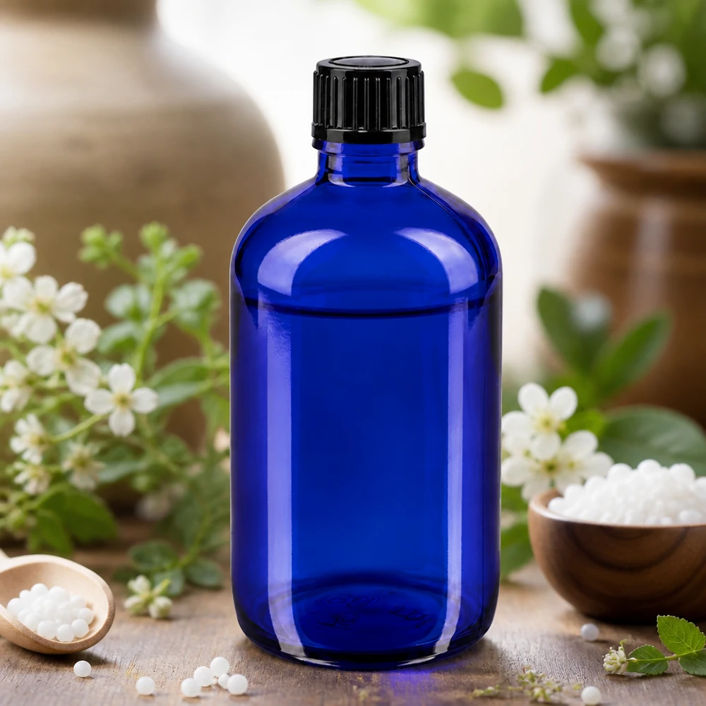 Apoteksflaska blå 100ml dropplock 1mm svart standard Koboltblå glasflaska på 100 ml med en 1 mm droppinsats mot en bakgrund av örter och homeopatiska pellets