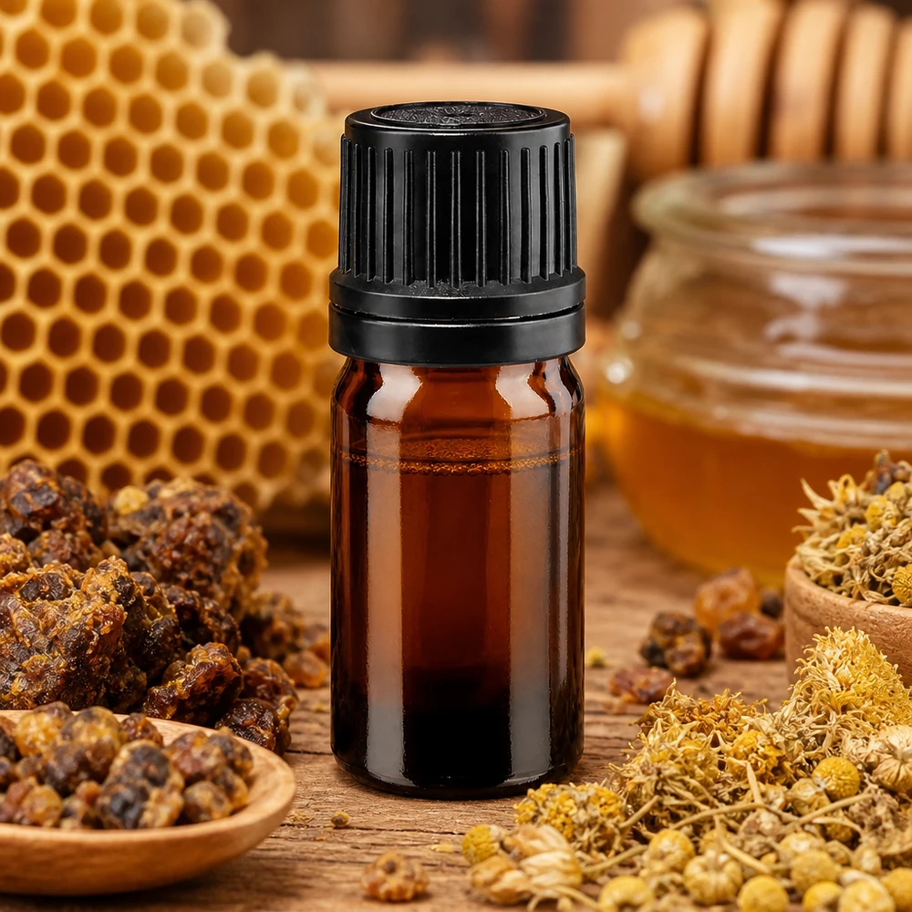 Apoteksflaska brun 5ml skruvkork svart hällring tamper-evident stängning Liten apoteksflaska, 5 ml, brunt glas, svart lock, med motiv av bikupor och honung