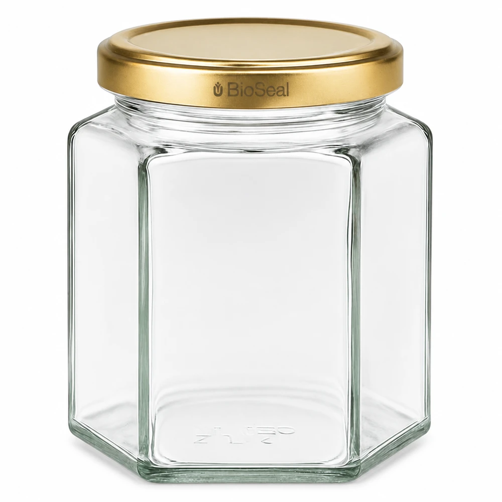 390 ml Hexa-burk med BioSeal-lock i guld UNiTWIST Hexagonal glasburk UNiTWIST Hexa390 med gyllene TO70 BioSeal-lock för livsmedel och konserver