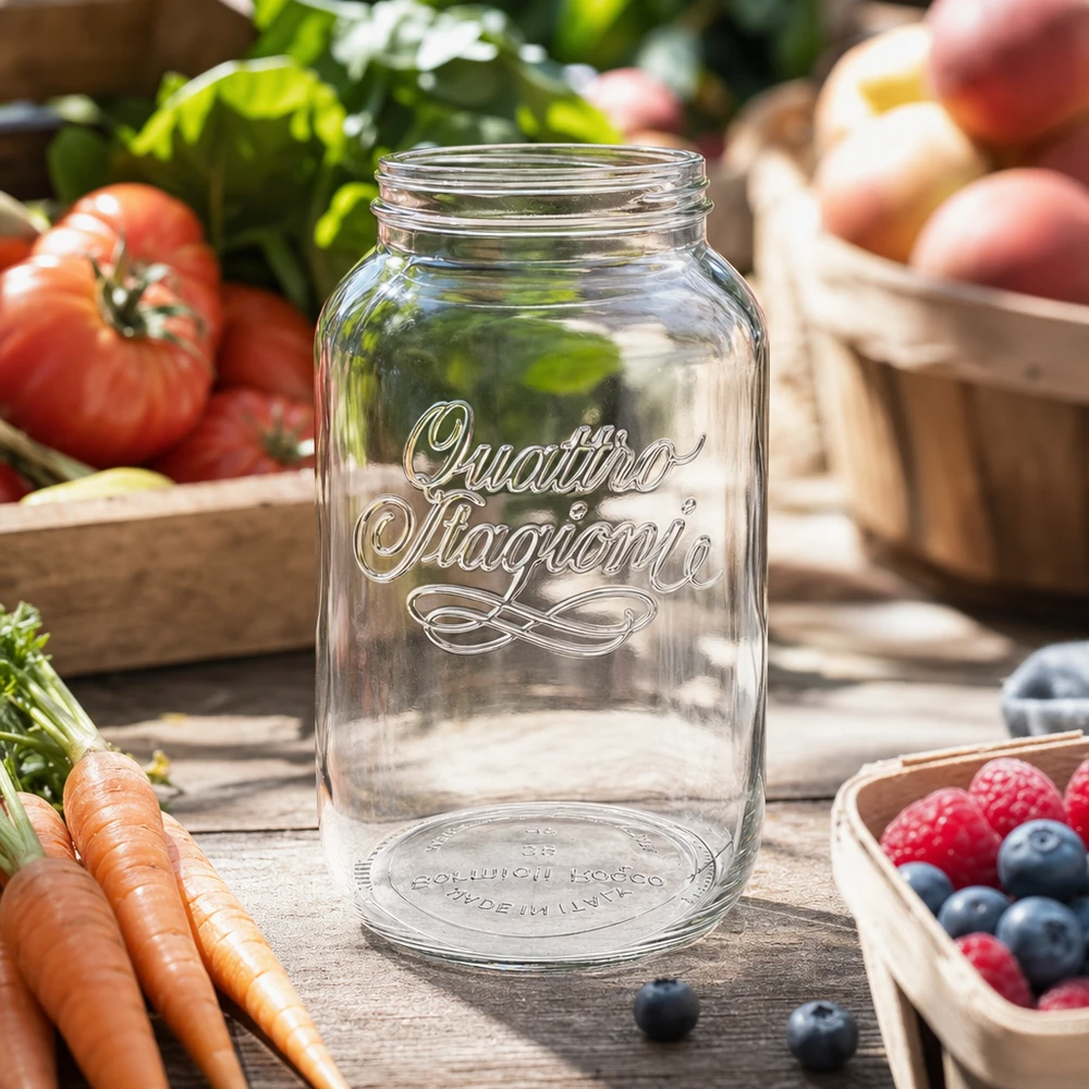 3800ml Quattro Stagioni hushållsburk konserveringsburk transparent med bokstäver omgivna av färsk frukt och grönsaker