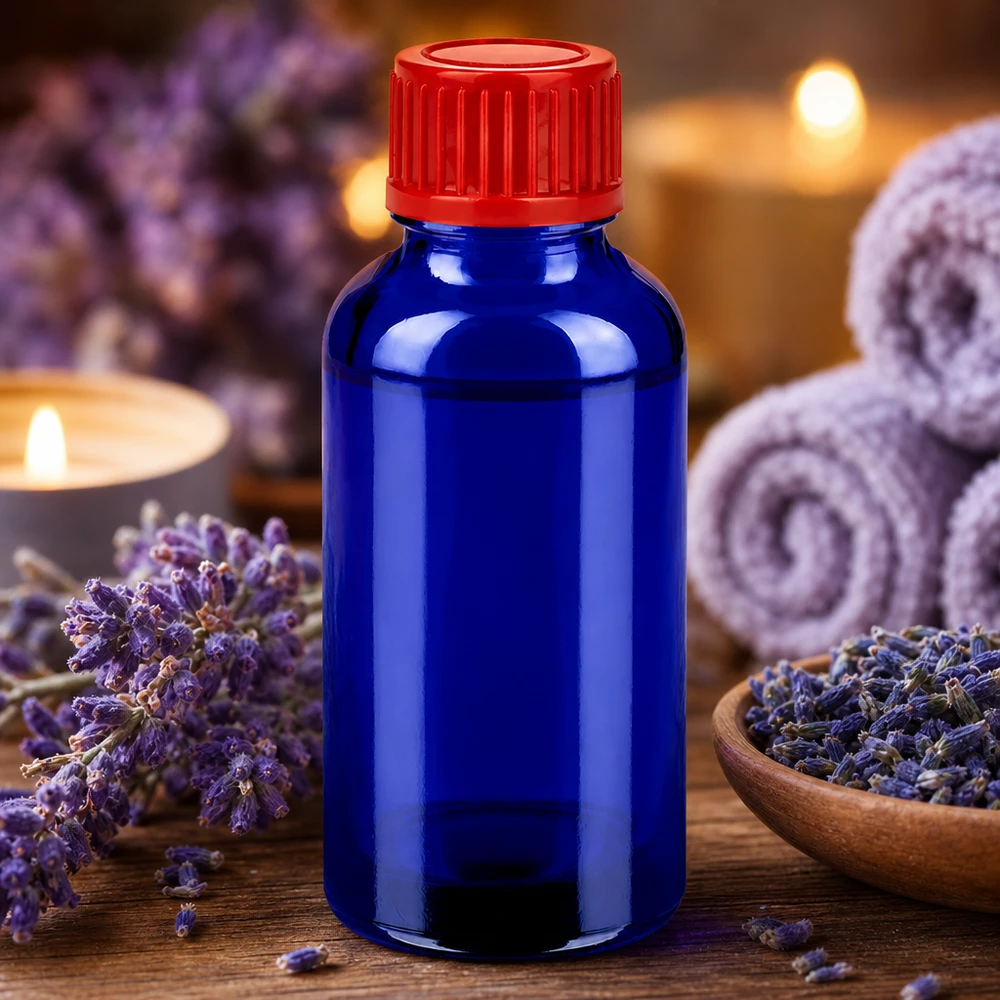 30ml flaska 11mm skruvkork röd standard BlueLine UT18/30 Högkvalitativ 30 ml BlueLine-glasflaska med rött lock för aromaterapi och wellness