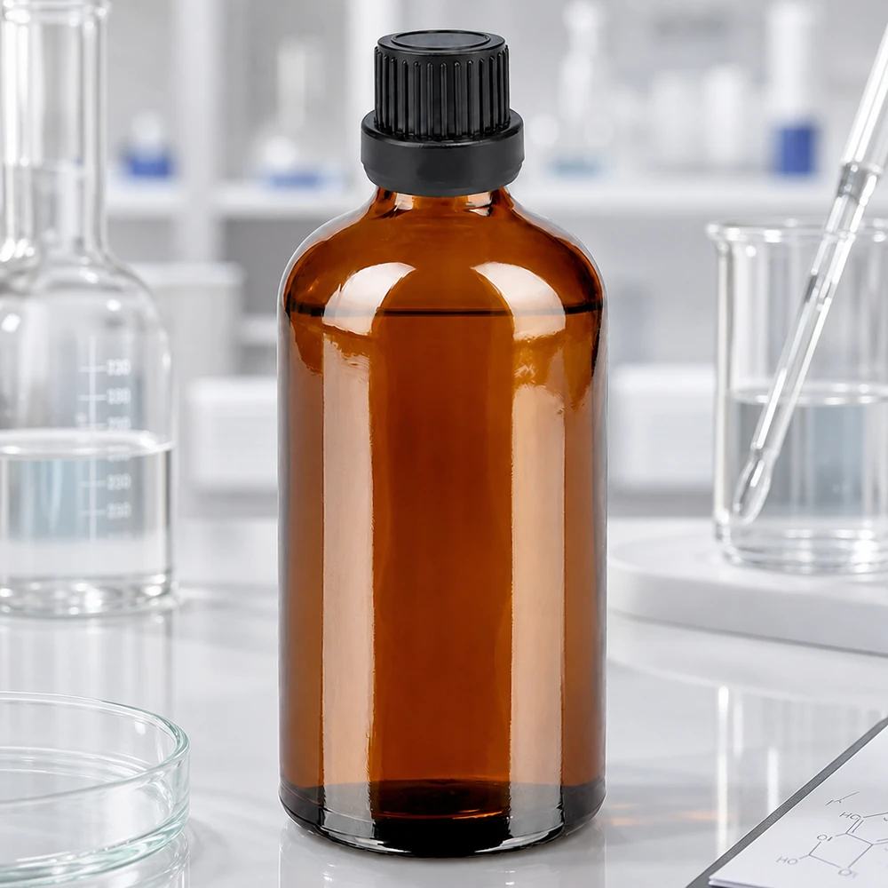 Glasflaska av laboratoriekvalitet, 100 ml, brun med 2 mm droppöppning för exakt dosering av aktiva farmaceutiska ingredienser