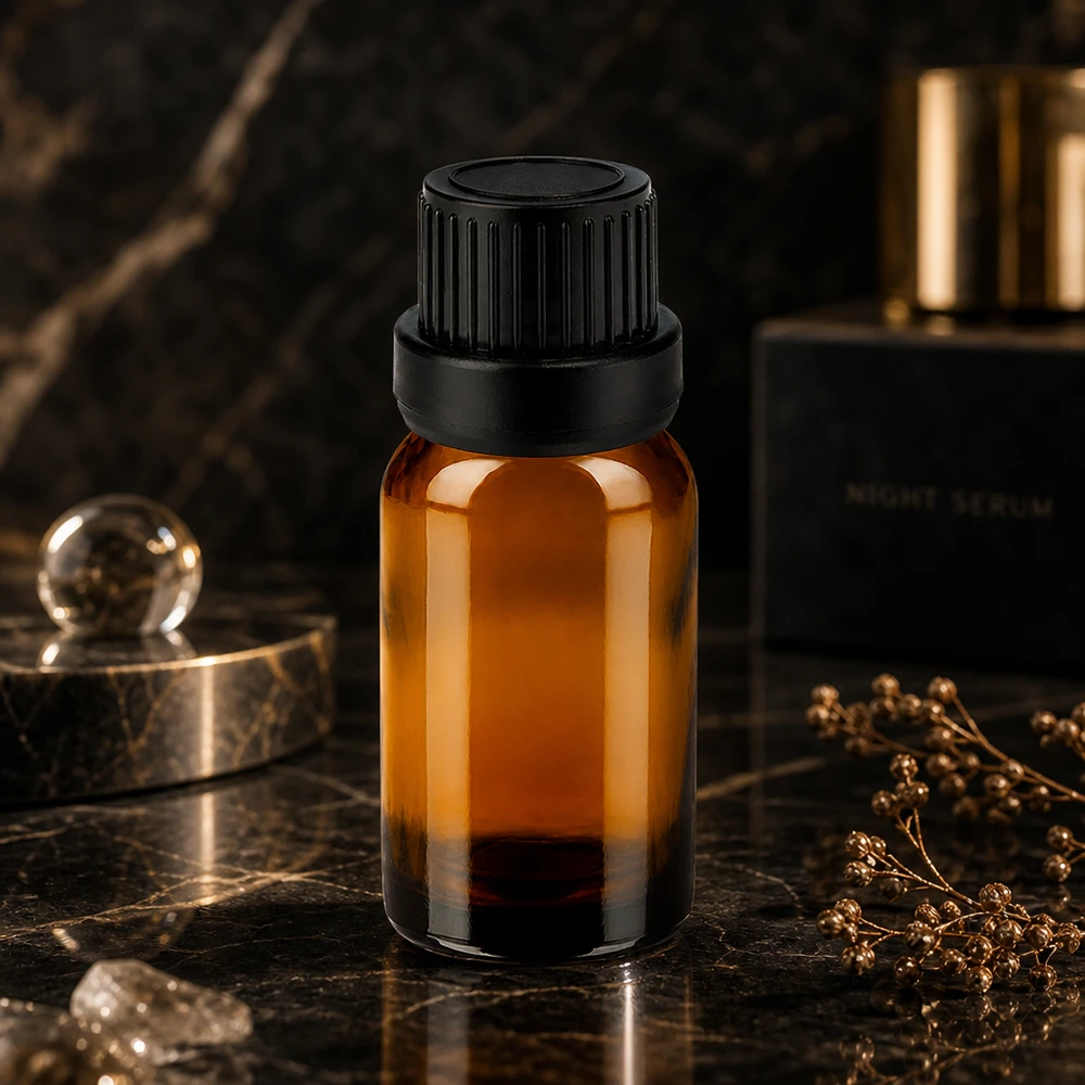 10ml flaska 11mm skruvkork svart sabotagesäker capII BrownLine UT18/10 Svart skruvlock 11mm SV på 10ml bärnstensfärgad glasflaska för professionell kosmetikaförpackning
