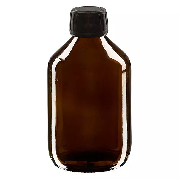 300 ml medicinflaska, brun, svart lock med säkerhetsring ApoGlas