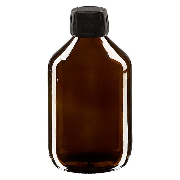 300 ml medicinflaska, brun, svart lock med säkerhetsring ApoGlas 300 ml medicinflaska, brun, svart lock med säkerhetsring ApoGlas