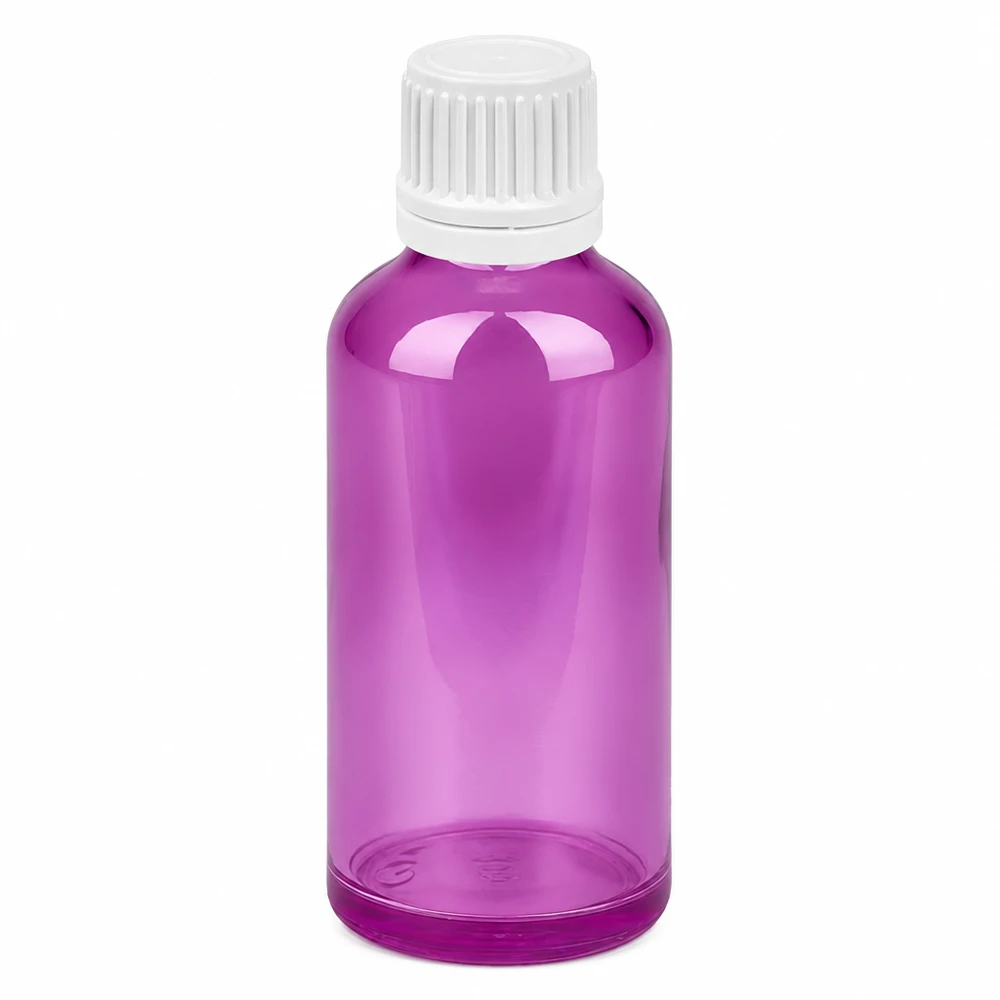 Lila 50 ml glasflaska med vitt skruvlock för eteriska oljor och kosmetika