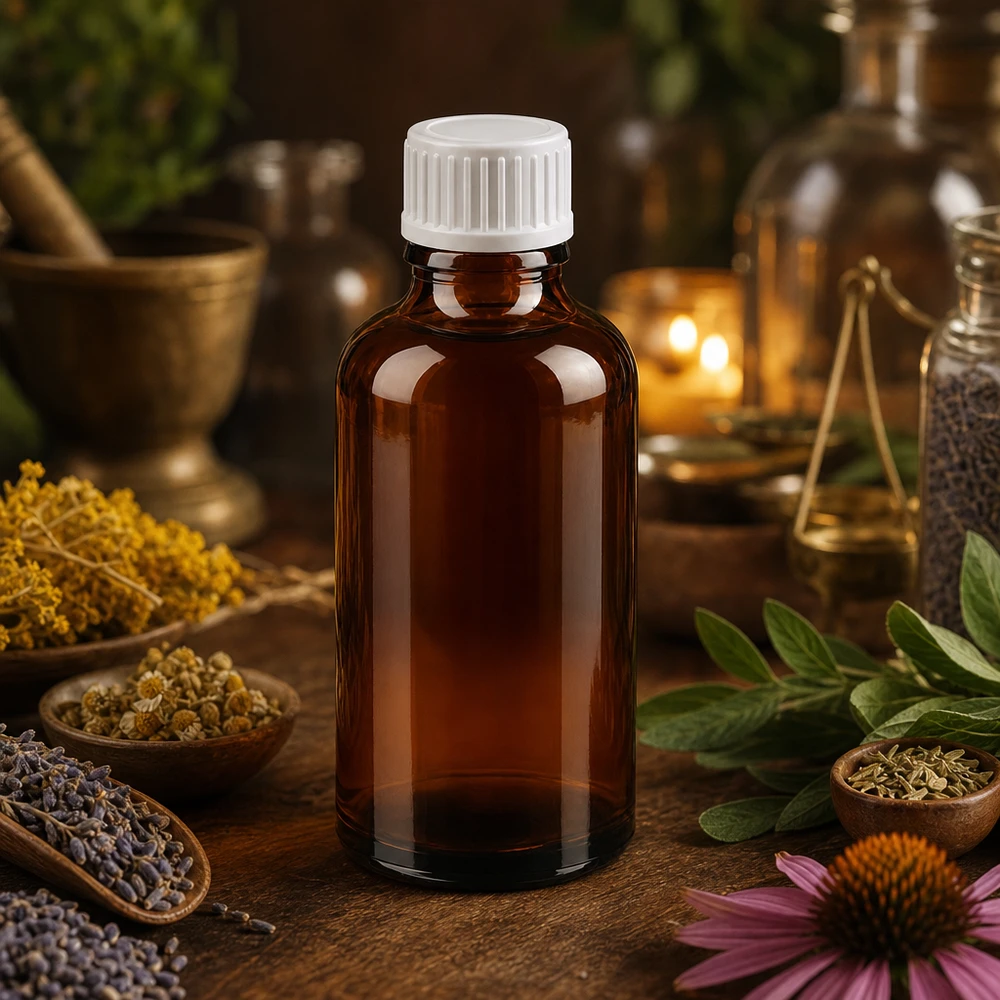 Kompakt 50 ml glasflaska med dropplock för homeopatiska läkemedel och tinkturer