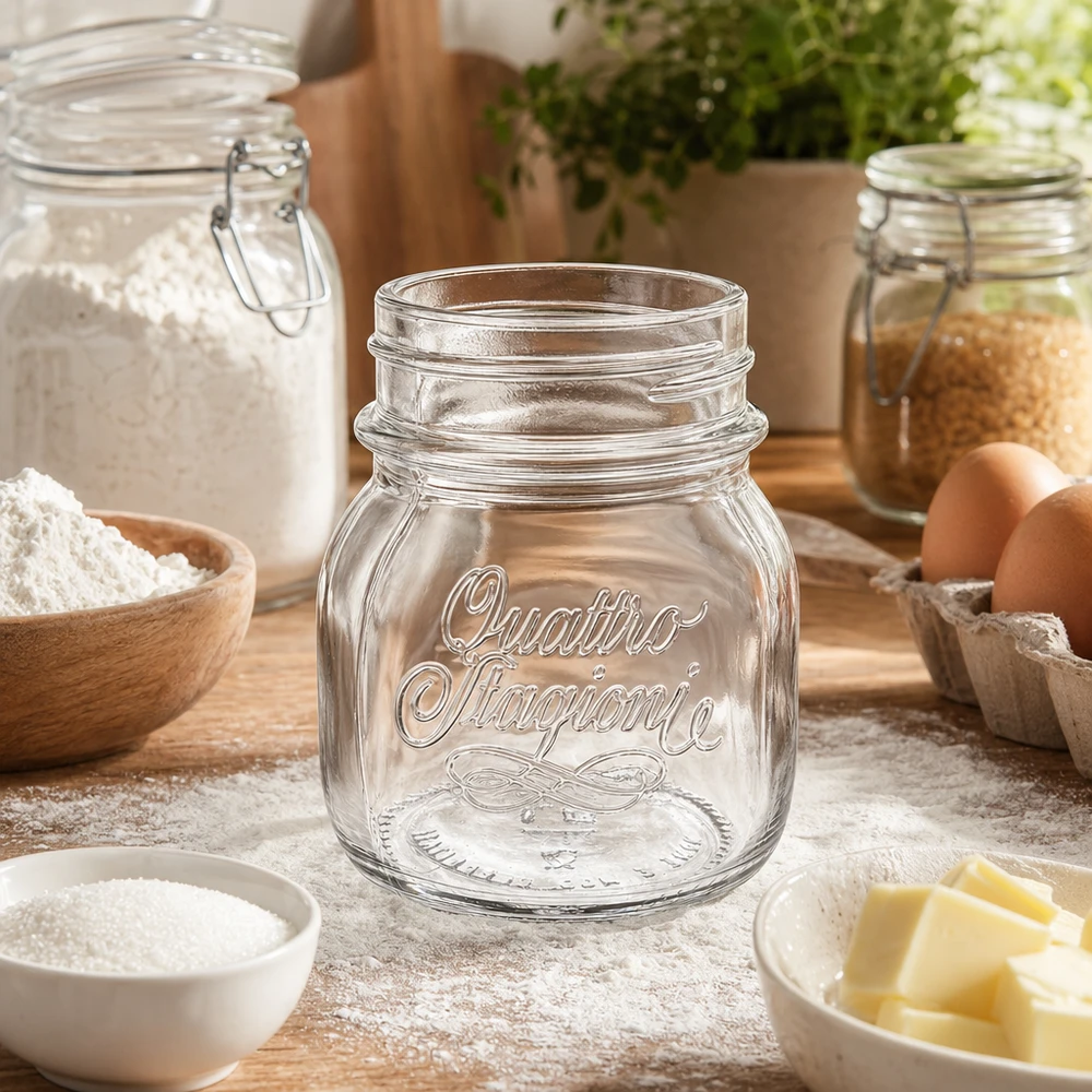 150ml runt glas "Quattro Stagioni" QS56mm 150ml Quattro Stagioni hushållsburk konserveringsburk på träbord med bakingredienser mjöl ägg smör kökstillbehör