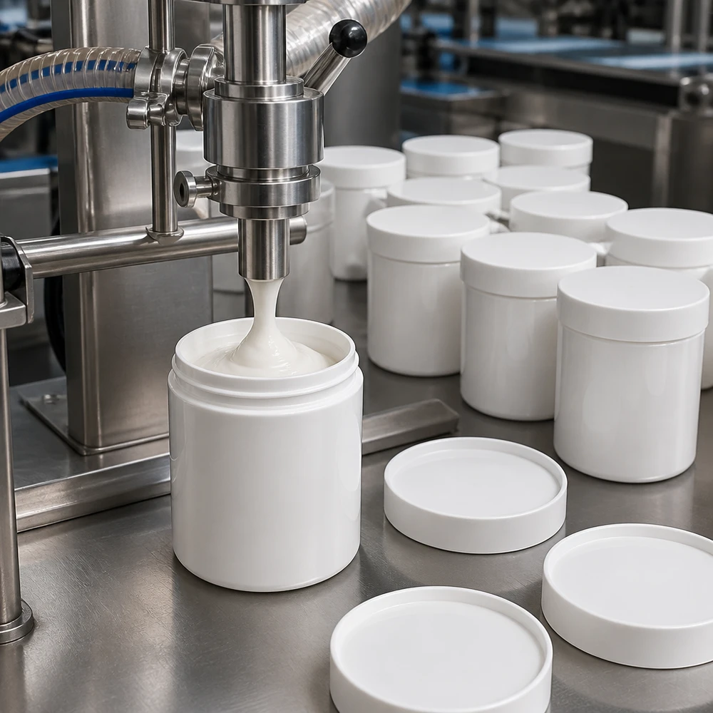 Salvburk 200g vit med vitt skruvlock (polypropylen) Automatisk fyllning av en vit 200 g salvorburk med skruvlock av PP i en industriell fyllningsanläggning