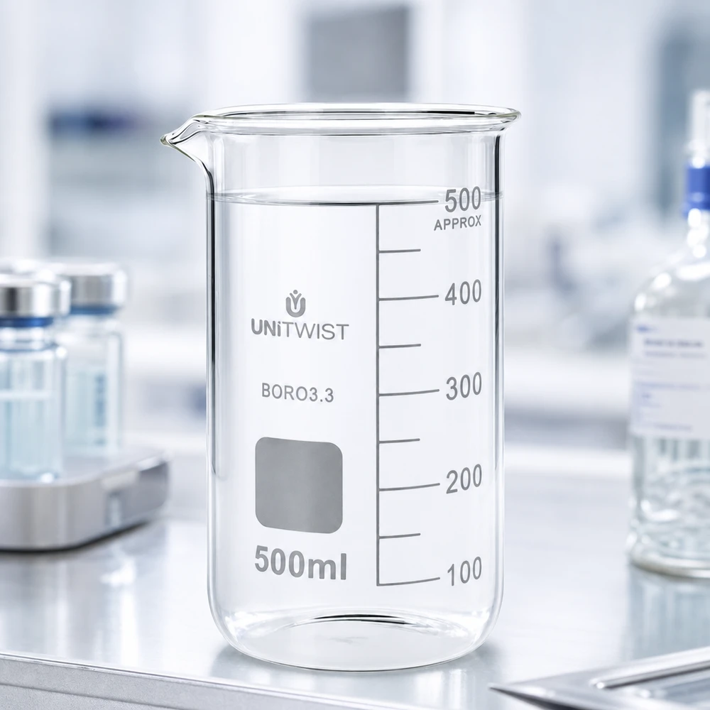 Bägare 500ml borosilikat, högformad UNiTWIST Tomt, genomskinligt bägarglas, 500 ml, hög form, borosilikatglas 3.3, på laboratoriebänken