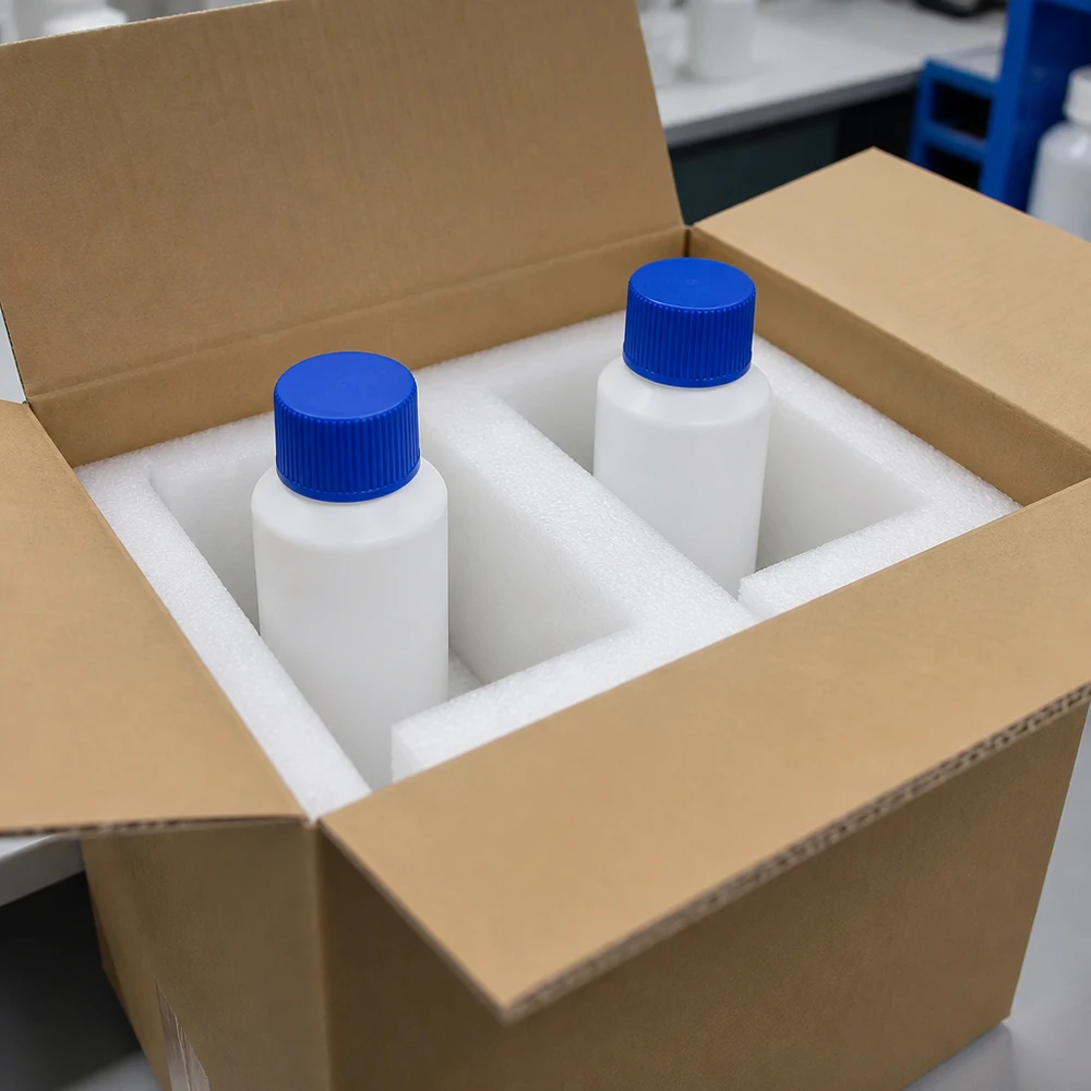 Två vita HDPE-apotekflaskor à 30 ml med blå skruvlock, säkert förpackade i en skumplastinsats