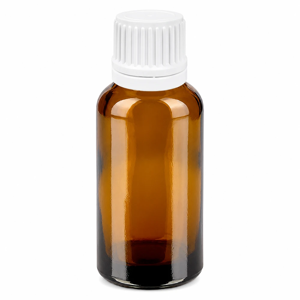 30ml Droppflaska 0.7mm vit med säkerhetslock BrownLine UT18/30 30 ml droppflaska i bärnstensfärgat glas med vitt lock och 0,7 mm droppöppning för exakt dosering