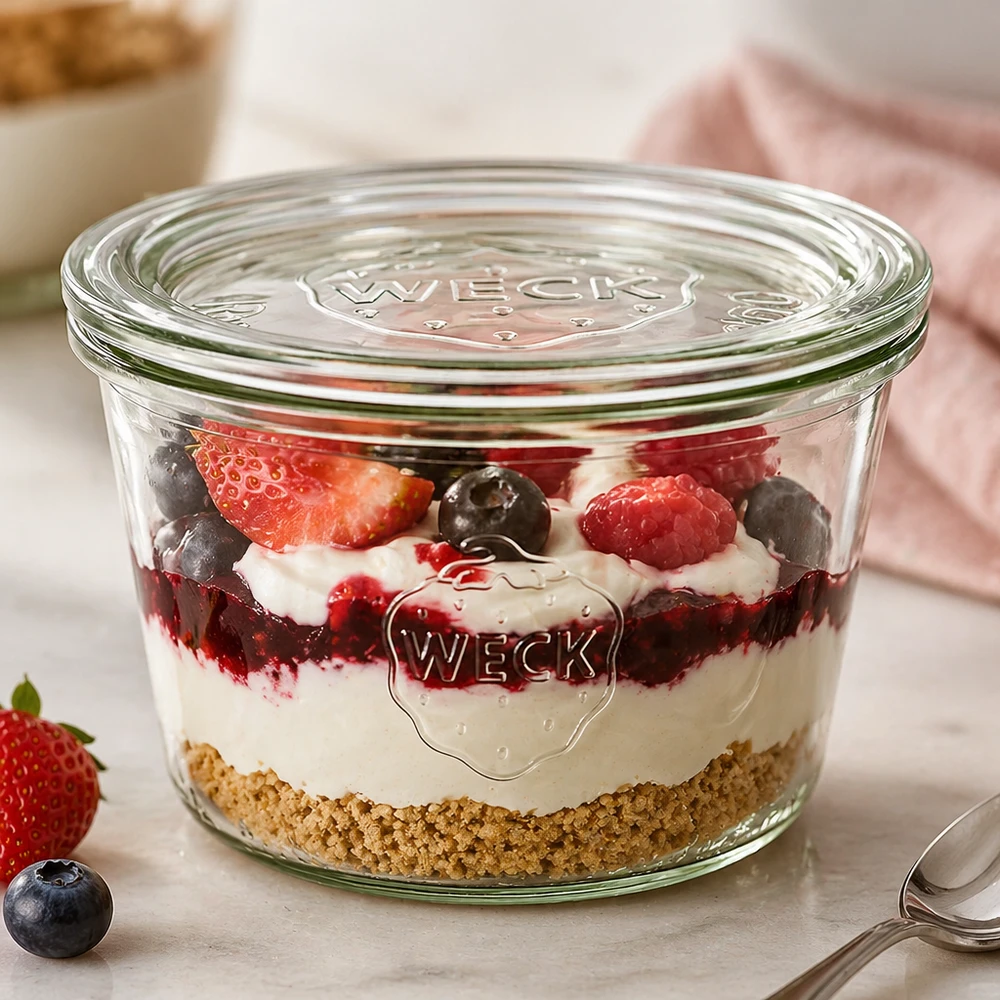 WECK tumlare 370ml RR100 med skiktad dessert av kexbotten grädde och bär används som dessertburk