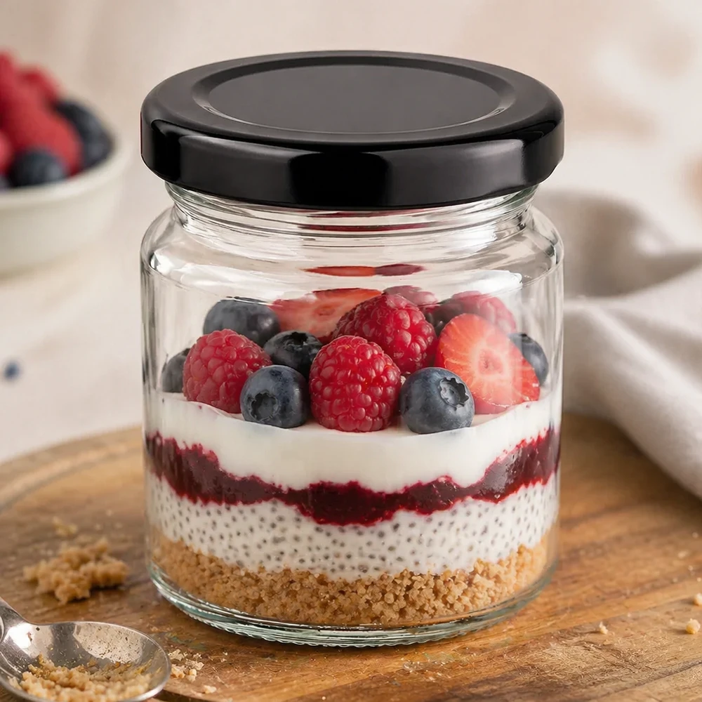 53 ml rund burk med svart BasicSeal-lock som dessertburk fylld med chiapudding och blandade bär