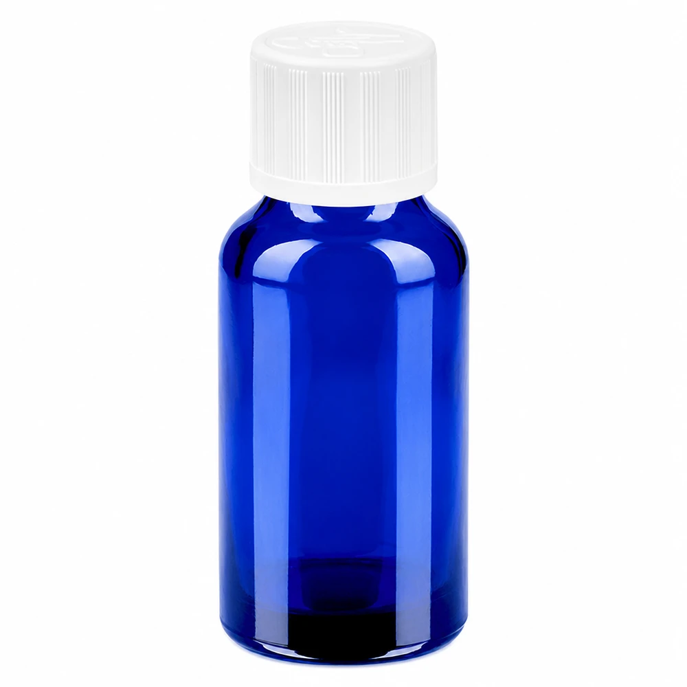 20ml flaska 11mm skruvkork vit standard förslutning BlueLine UT18/20 Blå 20 ml glasflaska med vitt skruvlock för eteriska oljor och kosmetika