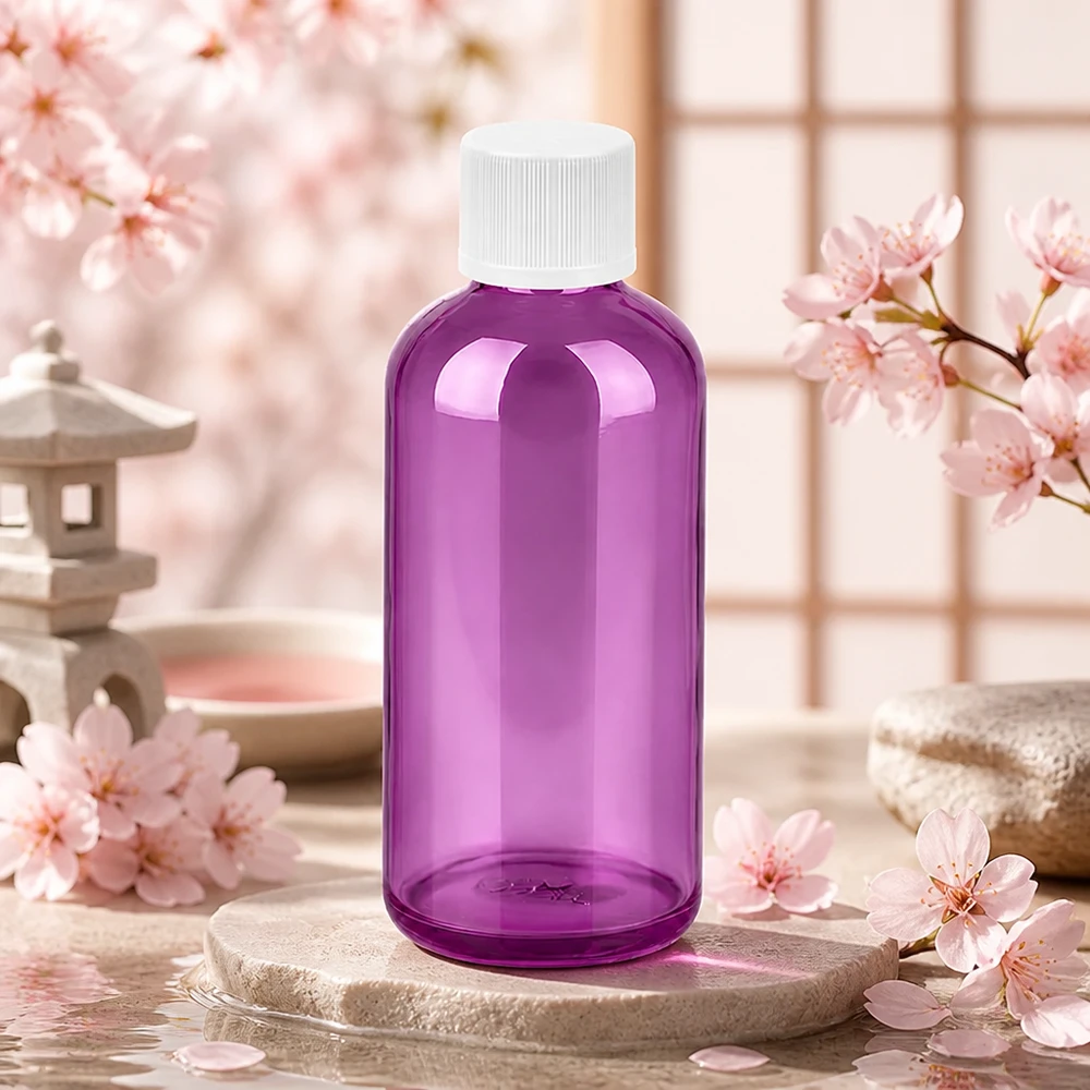 100ml flaska 11mm skruvkork vit standard barnsäker PurpleLine. UT18/100 Högkvalitativ PET-flaska 100 ml i lila färg med robust vitt plastlock