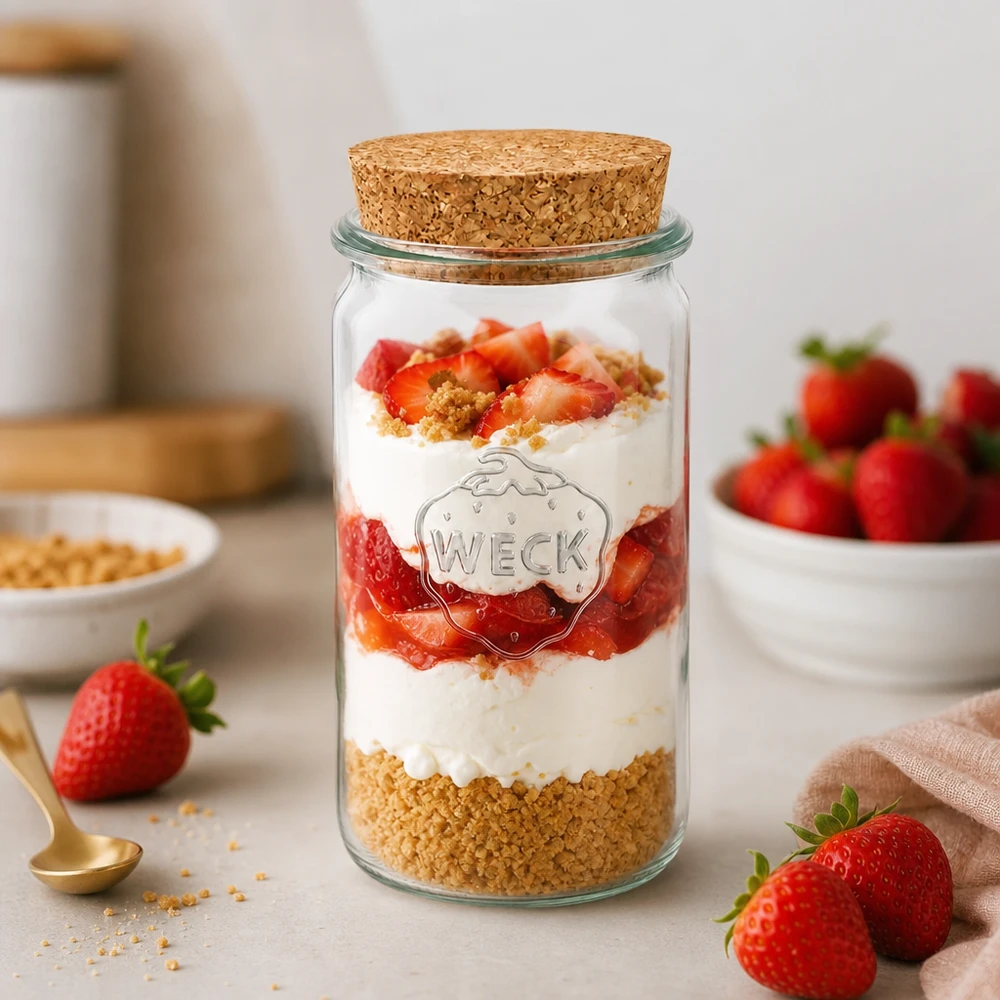 340ml cylinderburk WECK RR60 med kork naturell WECK-burk 340 ml RR60 som dessertburk fylld med jordgubbar och grädde visar hur mångsidig korkburken kan användas