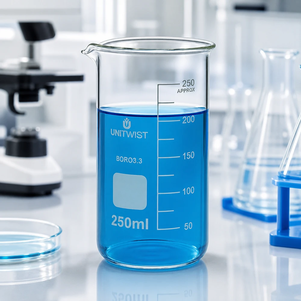 Bägare 250ml borosilikat, hög form UNiTWIST UNITWIST laboratorieglas, 250 ml, högt bägarglas med blå vätska i laboratoriet