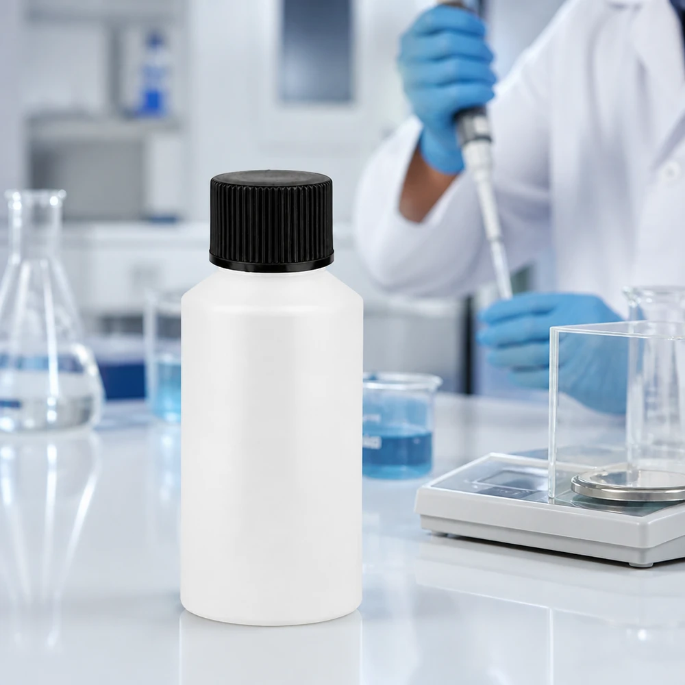 HDPE-apotekflaska, 50 ml, vit med svart barnsäkerhetslock på ett vitt laboratoriebord