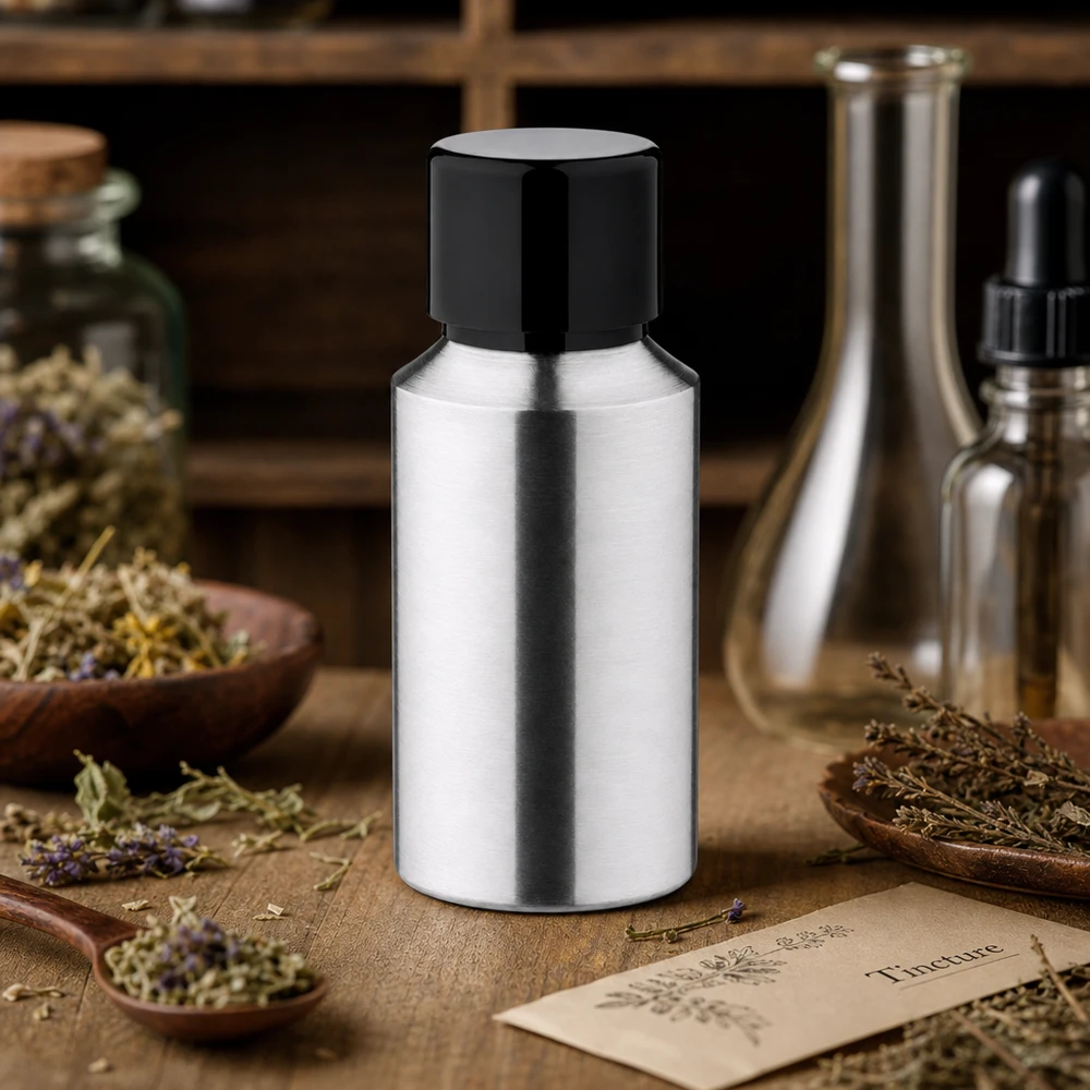 30 ml flaska i polerad aluminium med svart lock, idealisk för växtbaserade essenser och tinkturer