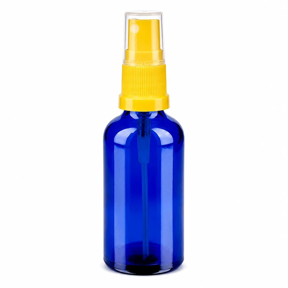 50 ml sprayflaska blå med sprayhuvud i gult glas för kosmetika och eteriska oljor