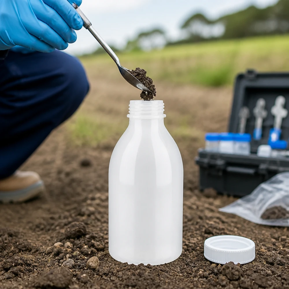 250 ml laboratorieflaska med smal hals utan lock vid provtagning av markprover i fält