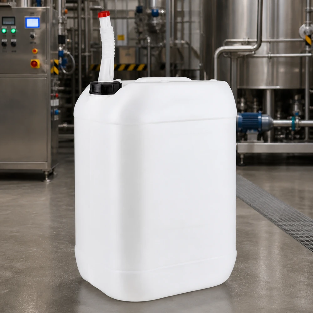 Rektangulär industrikanister på 25 liter med svängbart utloppsrör i en modern produktionsanläggning