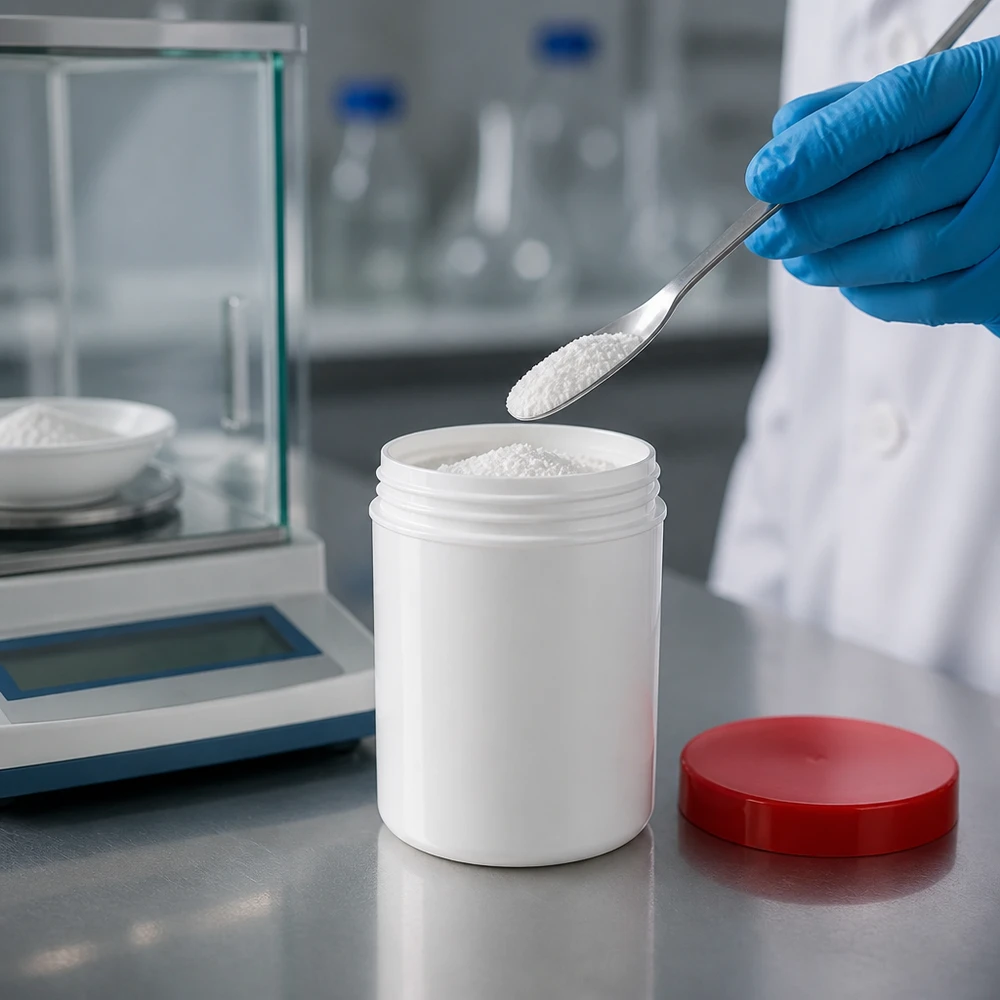 Salvburk 50g vit med rött skruvlock (polypropylen) Vit PP-salvburk på 50 g med rött lock på en laboratorievåg för exakt dosering