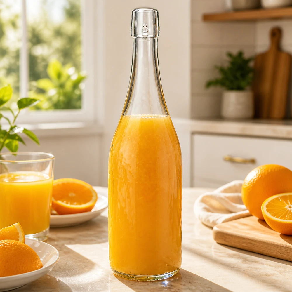 750ml glasflaska utan svängbar topp UNiTWIST 750 ml UNiTWIST-glasflaska fylld med färsk apelsinjuice lätt kök frukost vitamin C hälsosam näring