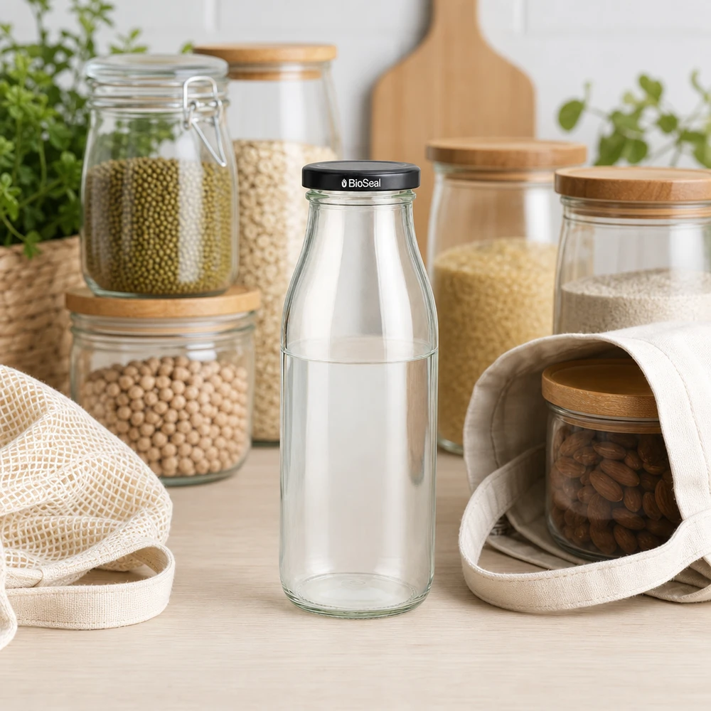 500 ml glasflaska + BioSeal-lock svart UNiTWIST 500 ml glasflaska med svart BioSeal-lock i en hållbar köksmiljö med förvaringsburkar och jutesäckar