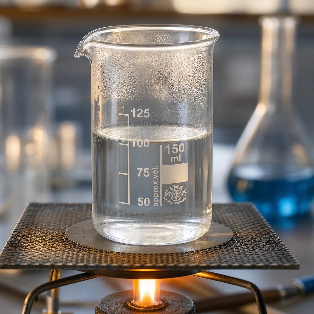 Bägare 150ml borosilikatglas, hög form Ett 150 ml becherglas med hög form som värms upp över en bunsenbrännare och innehåller en klar vätska i laboratoriet