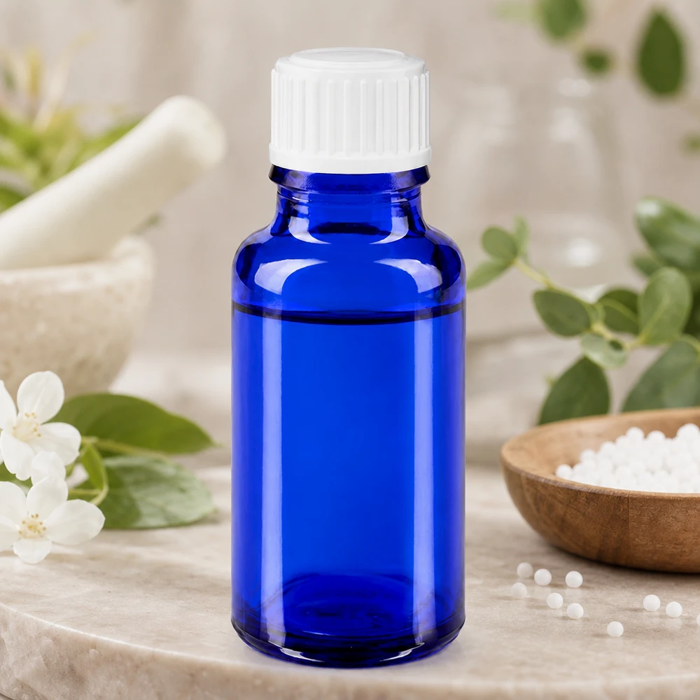 Apoteksflaska blå 20ml skruvkork vit standard En koboltblå glasflaska på 20 ml med vitt skruvlock bredvid en mortel och homeopatiska kulor