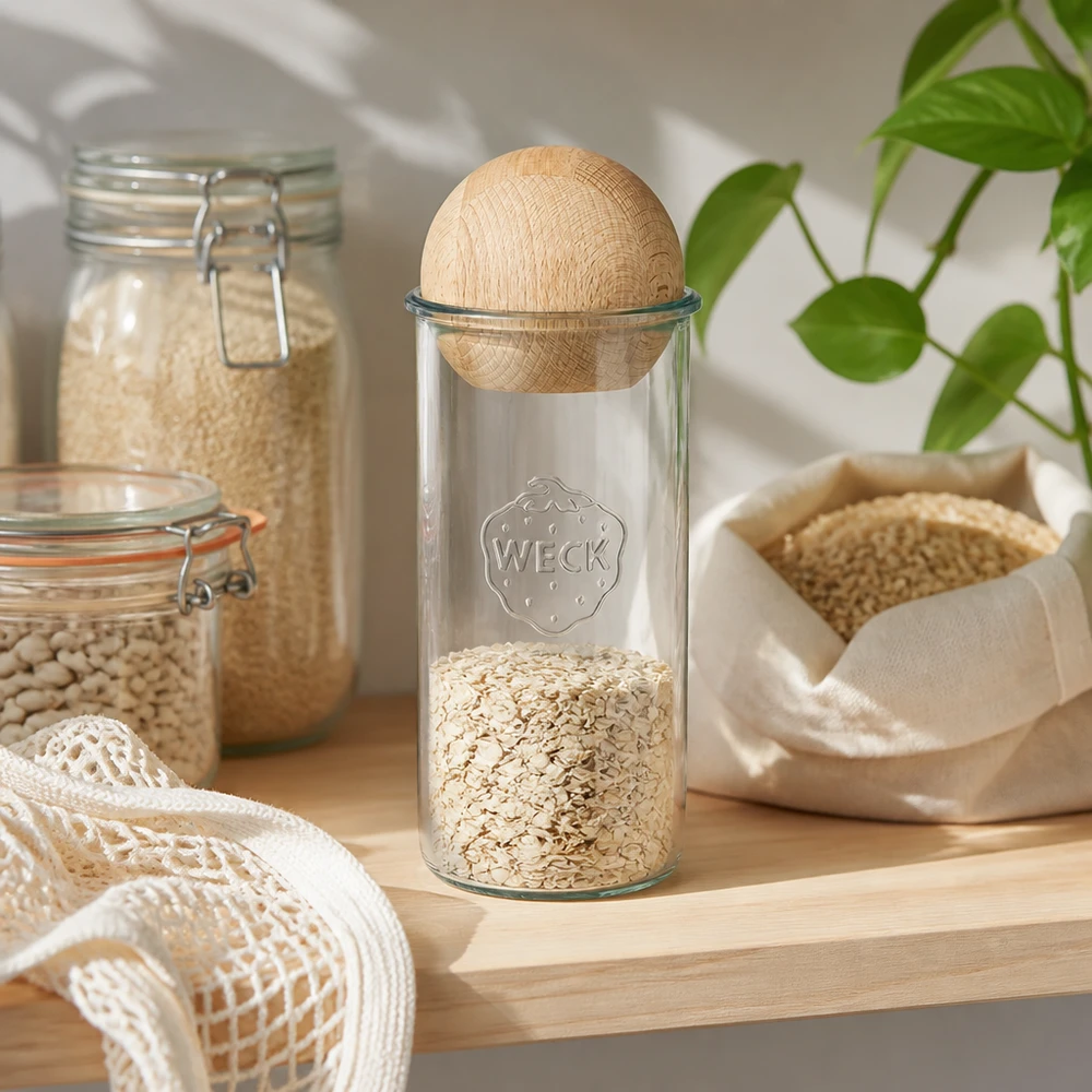 WECK RR100 1500 ml murarburk fylld med havreflingor, lock av bok med träkulor, avfallsneutral köksförvaring