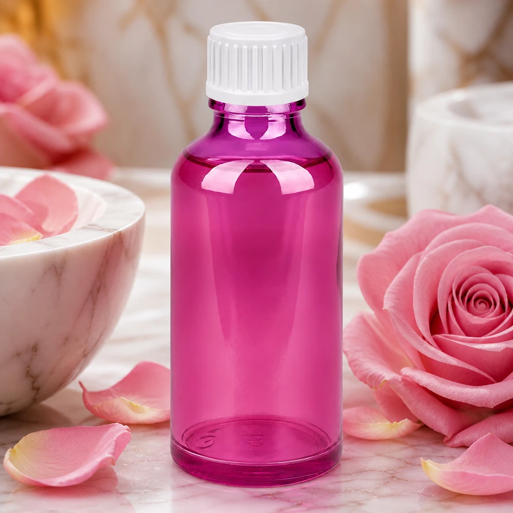 Kompakt 50 ml glasflaska i lila för aromaterapi och naturliga hudvårdsessenser
