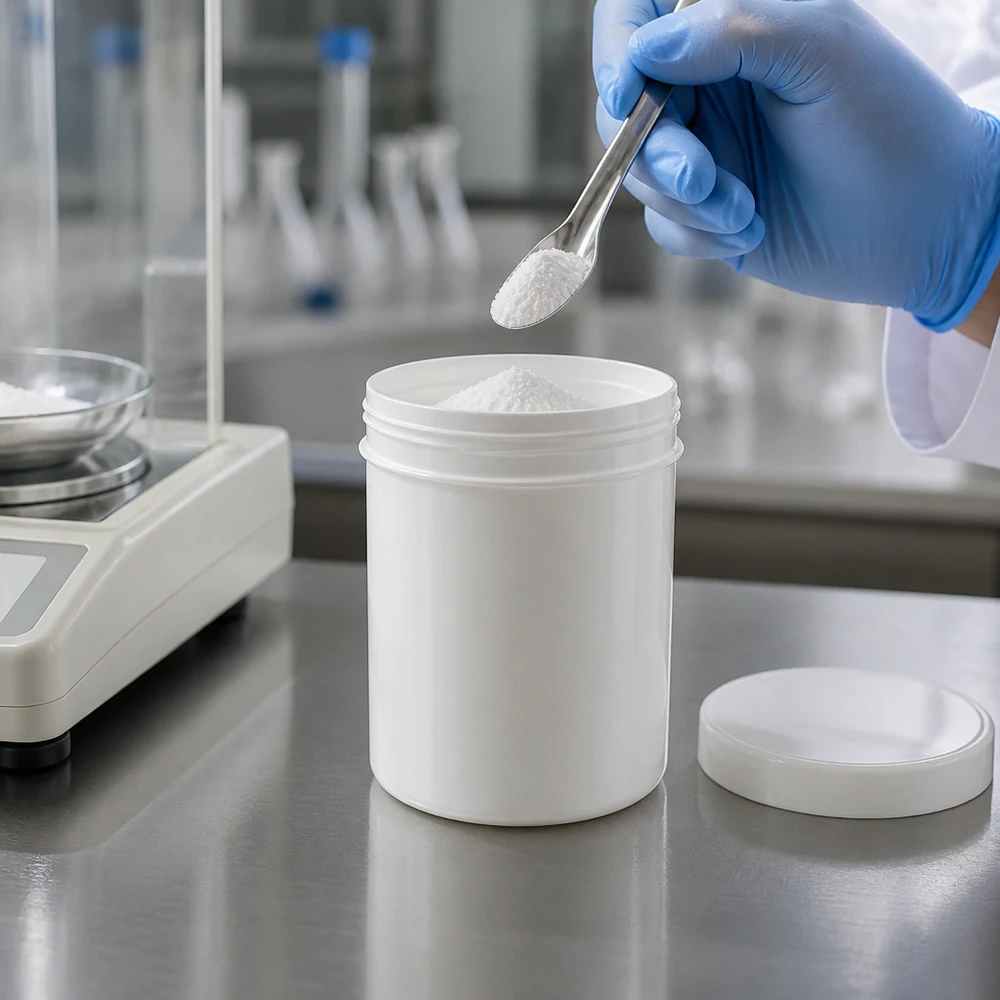 Vit PP-salvburk på 200 g med skruvlock på en yta av rostfritt stål bredvid en precisionsvåg i laboratoriet