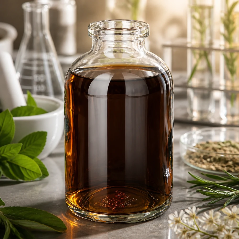 Injektionsflaska klarglas 50ml Kompakte Injektionsflasche 50ml aus Klarglas mit amber Naturstoffextrakt und Laborausstattung