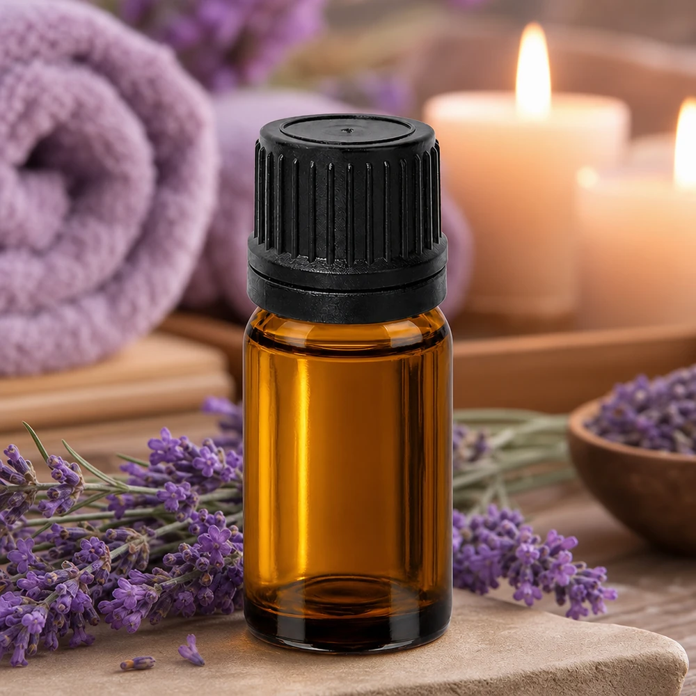 Liten 10 ml droppflaska i bärnstensfärg med svart lock för aromaterapi och kosmetika