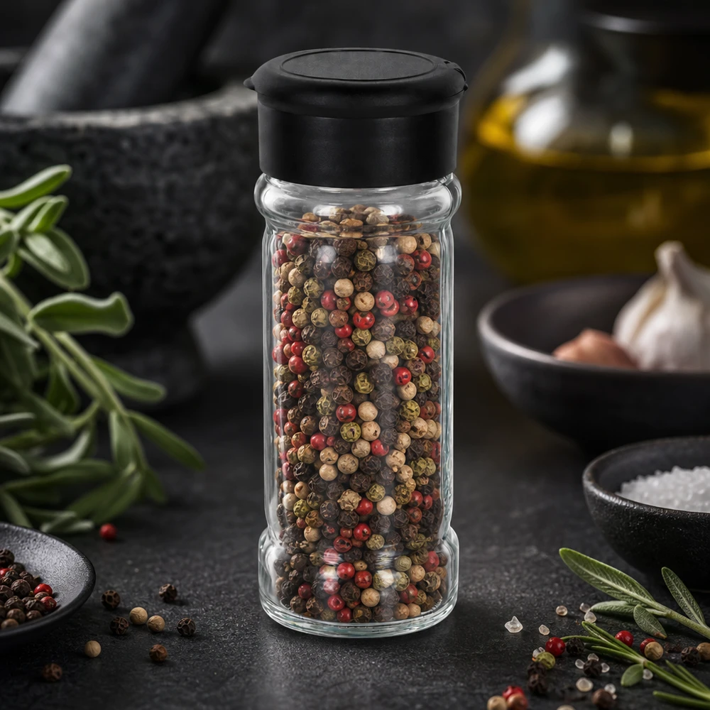 Salt-/kryddburk 100 ml med ströare, svart Kryddströare i klart glas, 100 ml, med svart lock, fylld med en färgglad pepparblandning på en mörk arbetsyta