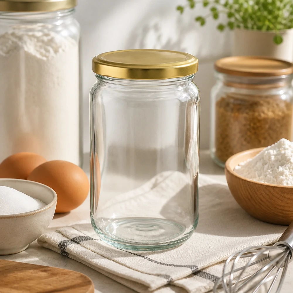 Rund burk 305 ml med guld lock BasicSeal UNiTWIST 305ml Rundglas UNiTWIST mit goldnem Deckel in moderner Küche - perfekt zum Backen und Kochen mit Eiern und Mehl