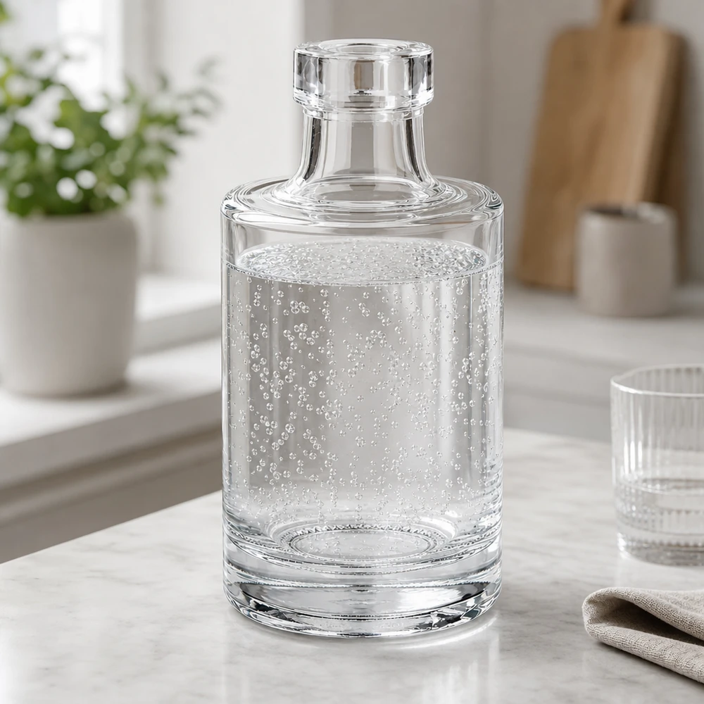 100 ml glasflaska Marie utan lock UNiTWIST® 100 ml glasflaska Marie med klart vatten och kolsyrebubblor i en elegant köksmiljö med glaslock
