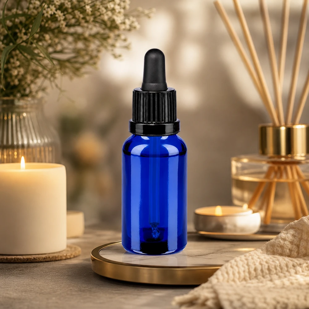 20 ml pipettflaska svart med säkerhetsförslutning BlueLine UT18/20 Kompakt 20 ml pipettflaska i elegant blå design med praktiskt dropplock för hemmabruk