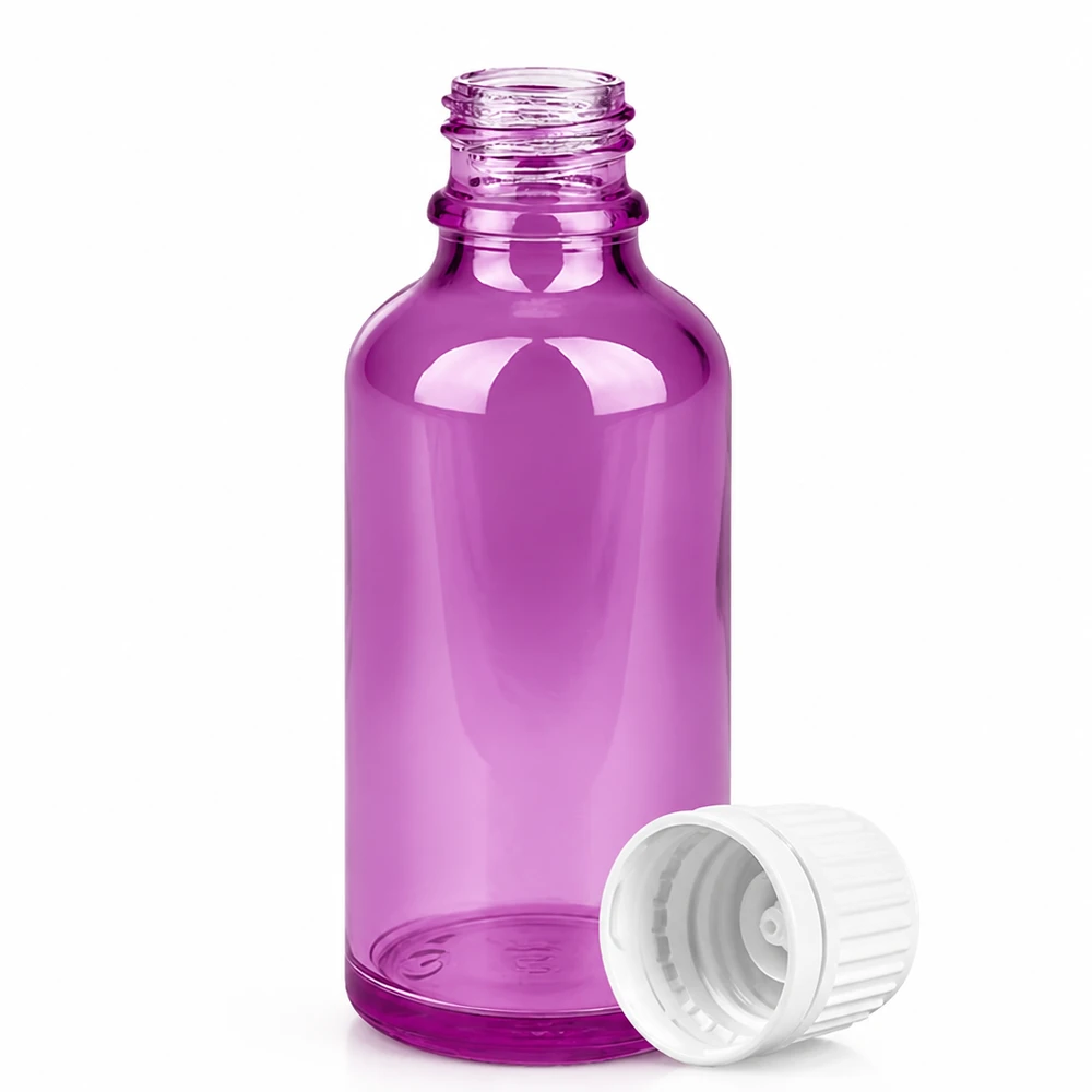 50 ml droppflaska av violett glas med 18 mm DIN-gänga för aromaterapi och kosmetika