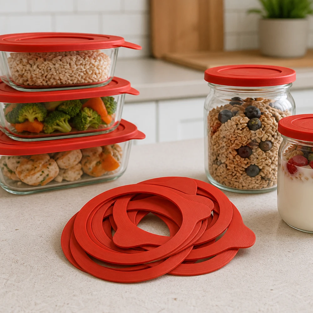 Tätningsring av naturgummi RR80 Konserveringsring RR80 naturgummi röd flera ringar på köksbänk med förvaringsburkar Müsli Grönsaker Meal Prep
