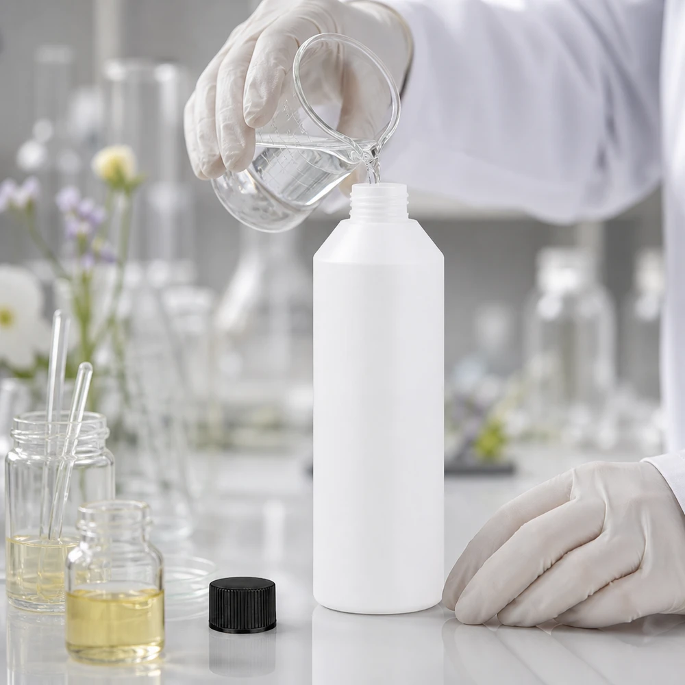 Apoteksflaska HDPE 250ml vit, med svart skruvlock Laboratorietekniker häller en klar vätska i en vit 250 ml HDPE-apotekflaska med svart lock