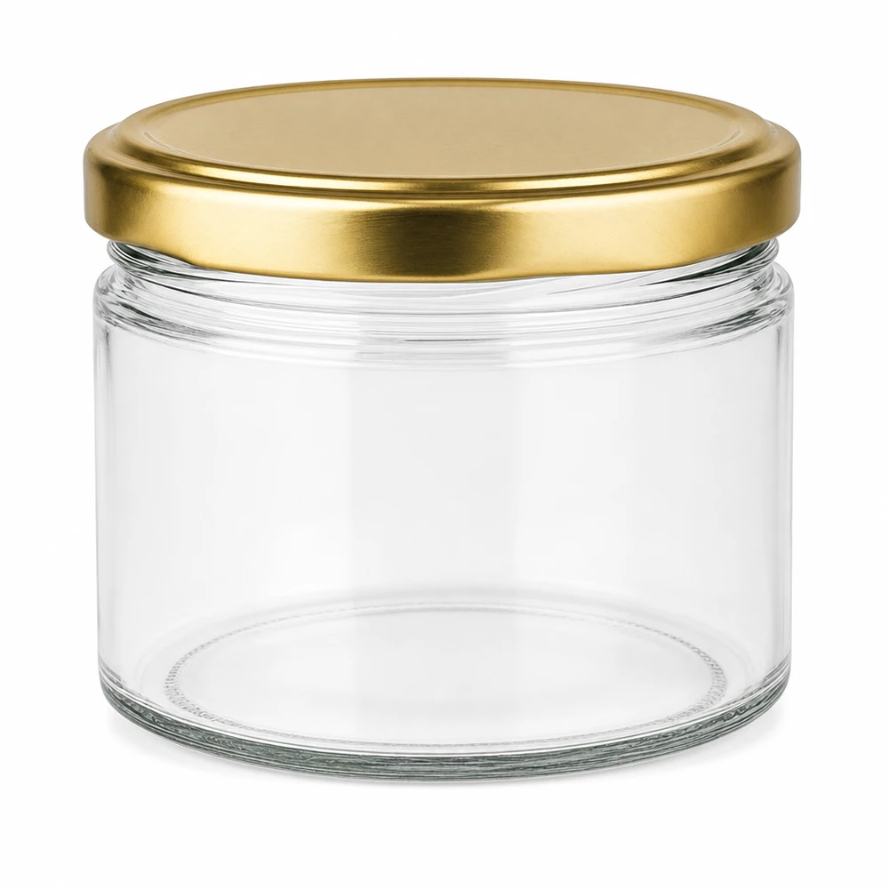 540ml rund burk med BasicSeal-lock guld UNiTWIST 540 ml rund glasburk tom med guldfärgat BasicSeal UNiTWIST-lock på vit bakgrund