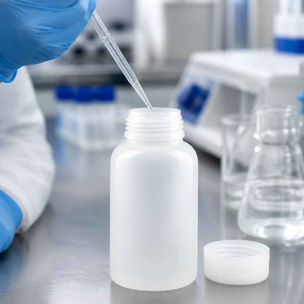 500ml laboratorieflaska med bred hals utan lock 500 ml laboratorieflaska av plast med vid hals, stående öppen på en arbetsbänk av rostfritt stål i laboratoriet