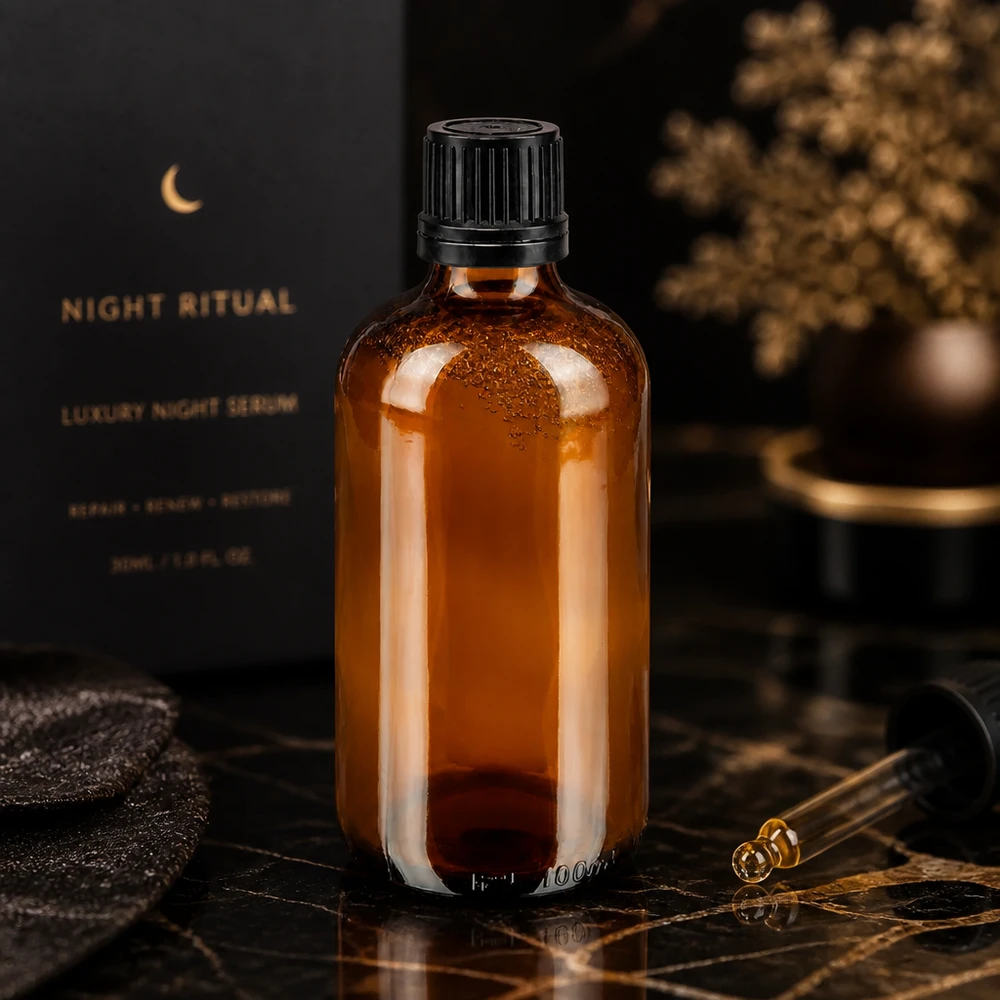 100 ml brun glasflaska med svart ytterförpackning och droppinsats bredvid Luxury Night Ritual Serum-boxen