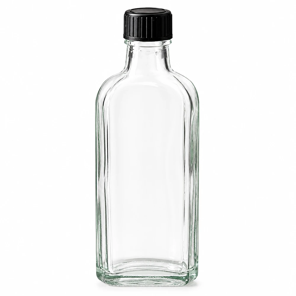 100 ml Meplat-glasflaska, klar, med svart skruvlock och LKD-tätningsskiva