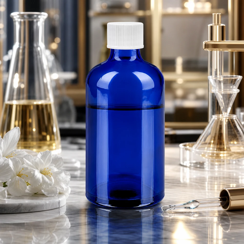 Professionell 100ml laboratorieflaska i koboltblå med vitt 11mm standardlock för forskning