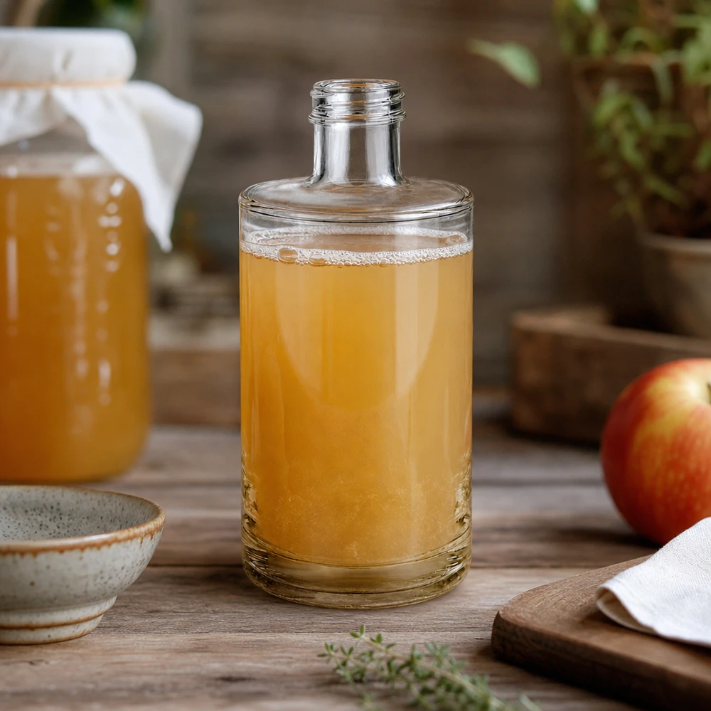 375 ml glasflaska Sam utan skruvlock UNiTWIST® 375 ml glasflaska Sam fylld med äppeljuice på ett rustikt träbord dekorerat med ett färskt äpple och en keramikskål